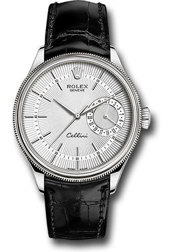 Rolex Cellini Date Watch - White Gold - Silver Dial - Black Leather Strap - 50519 sbk