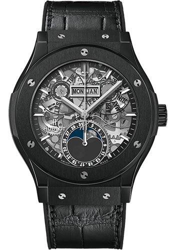 Hublot Classic Fusion Aerofusion Moonphase Black Magic Watch - 42 mm - Sapphire Dial - Black Rubber and Leather Strap-547.CX.0170.LR