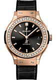 Hublot Classic Fusion King Gold Diamonds Watch - 38 mm - Black Dial - Black Rubber and Leather Strap-565.OX.1480.LR.1204