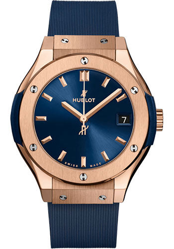 Hublot Classic Fusion King Gold Blue Watch - 33 mm - Blue Dial - Blue Lined Rubber Strap-581.OX.7180.RX
