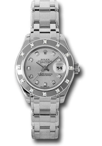 Rolex White Gold Lady-Datejust Pearlmaster 29 Watch - 12 Diamond Bezel - Silver Diamond Dial - 80319 sd