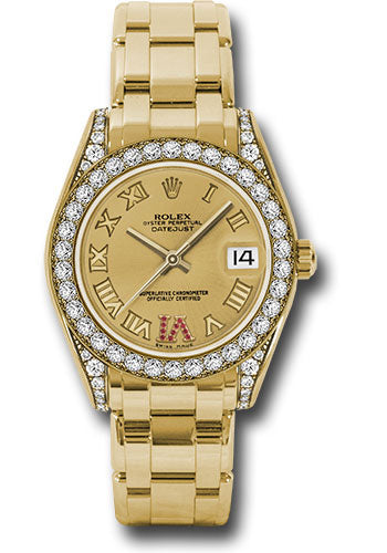 Rolex Yellow Gold Datejust Pearlmaster 34 Watch - 34 Diamond Bezel - Champagne Ruby Roman Vi Roman Dial - 81158 chrr