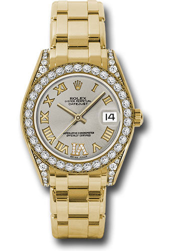 Rolex Yellow Gold Datejust Pearlmaster 34 Watch - 34 Diamond Bezel - Silver Roman Dial - 81158 sdr