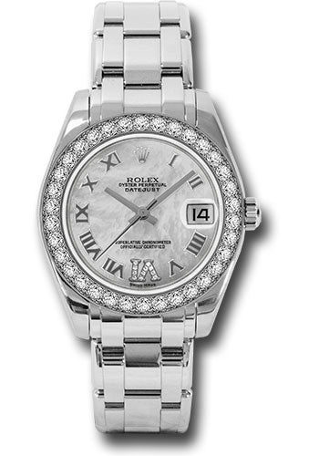 Rolex White Gold Datejust Pearlmaster 34 Watch - 34 Diamond Bezel - White Mother-Of-Pearl Roman Dial - 81299 mdr