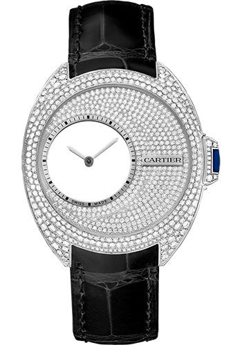 Cartier Cle de Cartier Mysterious Hours Watch - 41 mm Palladium 950 Diamond Case - White Gold Diamond Dial - Black Alligator Strap - HPI00946