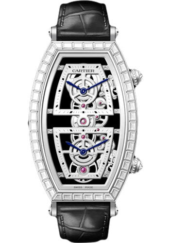 Cartier Tonneau Skeleton Xl Watch - 52.4 mm x 29.8 mm Platinum Diamond Case - Skeleton Dial - Black Leather Strap - HPI01291