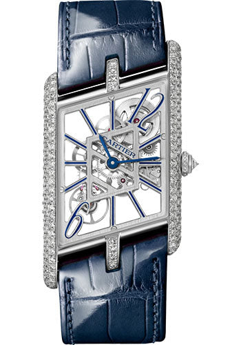 Cartier Tank Asymetrique Watch - 47.15 mm x 26.20 mm Platinum Diamond Case - Skeleton Dial - Navy Blue And Black Alligator Straps Limited Edition of 100 - HPI01370