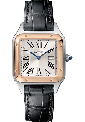 Cartier Santos-Dumont Watch - 38 mm Pink Gold And Steel Case - Silver Dial - Black Strap - W2SA0012