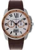 Cartier Calibre de Cartier Chronograph Watch - 42 mm Steel And Pink Gold Case - Silver Dial - Brown Alligator Strap - W7100043