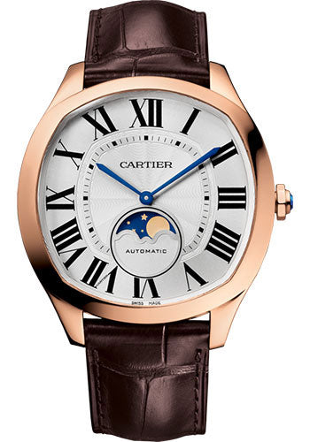 Cartier Drive de Cartier Moon Phases Watch - 40 mm Pink Gold Case - Silvered Dial - Brown Alligator Strap - WGNM0008
