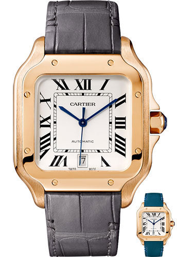 Cartier Santos de Cartier Watch - 39.8 mm Pink Gold Case - Silvered Dial - Dark Grey Alligator Strap - Quickswitch Bracelet - WGSA0011