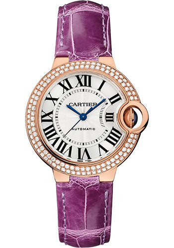 Cartier Ballon Bleu de Cartier Watch - 33 mm Rose Gold Diamond Case - Opaline Dial - Purple Alligator Strap - WJBB0051