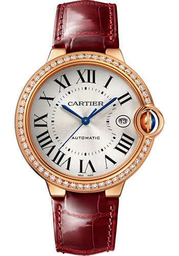 Cartier Ballon Bleu de Cartier Watch - 40 mm Rose Gold Diamond Case - Silvered Dial - Burgundy Alligator Strap - WJBB0056