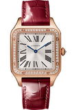 Cartier Santos-Dumont Watch - 43.5 mm x 31.4 mm Pink Gold Case - Silver Satin-Brushed Dial - Bordeaux Leather Strap - WJSA0016